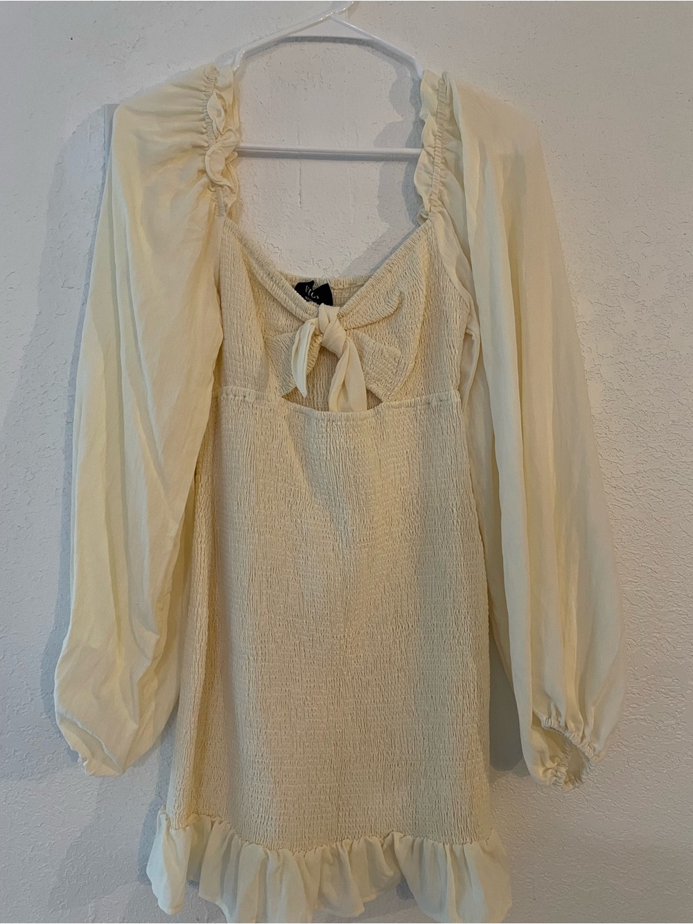 Vici Cream Mini Dress with Tie Front & Long Sheer Sleeves
